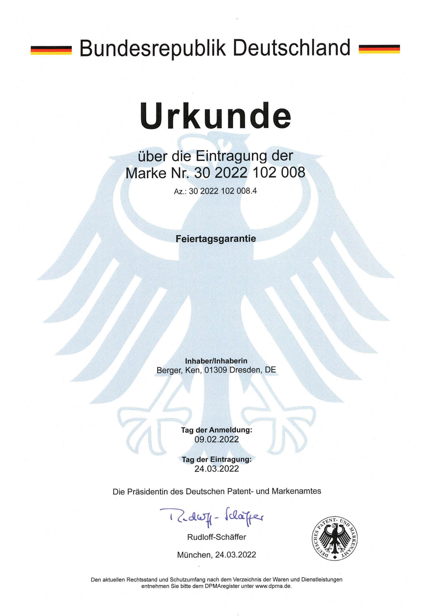 Feiertagsgarantie Eintragungsurkunde